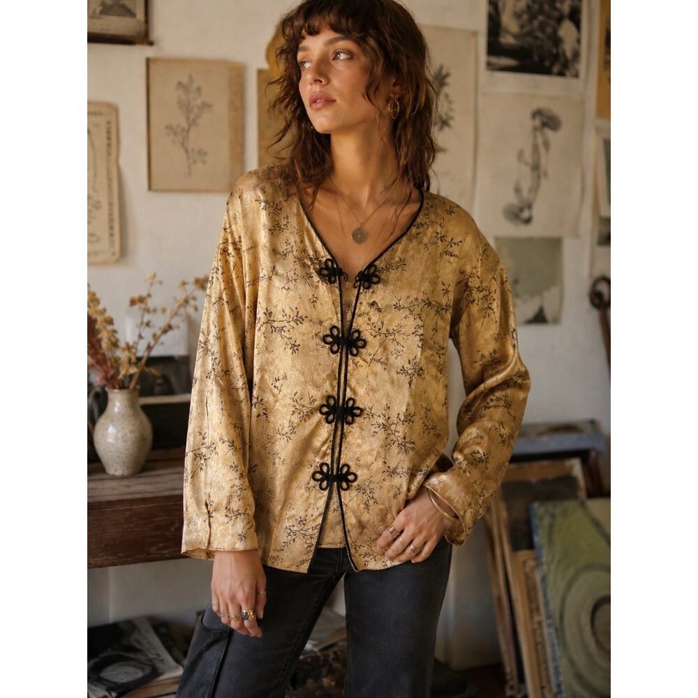 Vintage Maren Blouse Womens 18 Gold Boho Artsy Tapestry Brocade Asian Bohemian